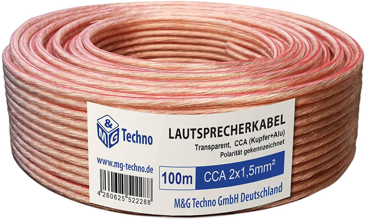 100 M Single Wire Speaker Cable 2 x 1.5 mm² CCA Copper and Aluminium Round Transparent N1104