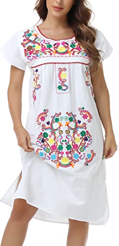 Women Mexican Embroidered Long Maxi Boho Floral Summer Short Sleeve Dress W801015