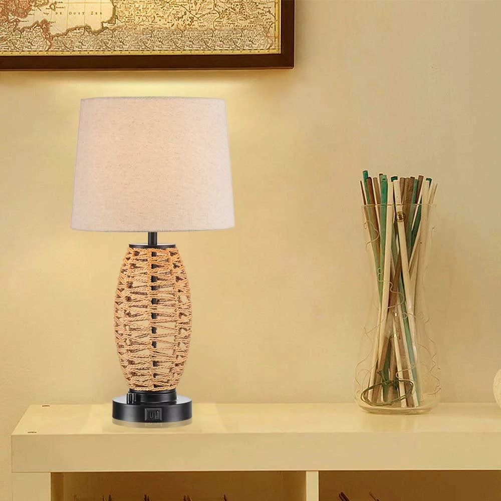0-100% Dimmable Coastal Rattan Table Lamp with 2 USB Ports D7345