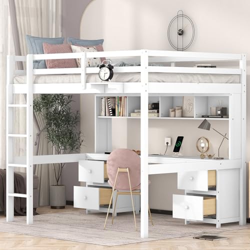 Twin Over Full Bunk Bed with Trundle and Built-in Desk, Solid Wood Bunk Bed Frame with Three Storage Drawers and Shelf, Gray C183347