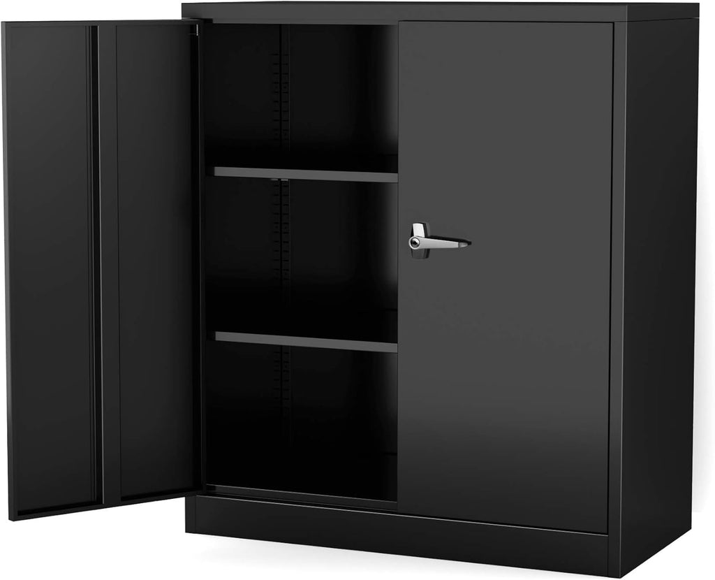 Metal Storage Cabinet with 2 Adjustable Shelves and Lockable Doors Black A390528