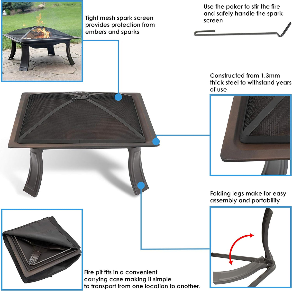 26-Inch Square Wood Burning Fire Pit with Spark Screen, Poker and Carrying Case X440541
