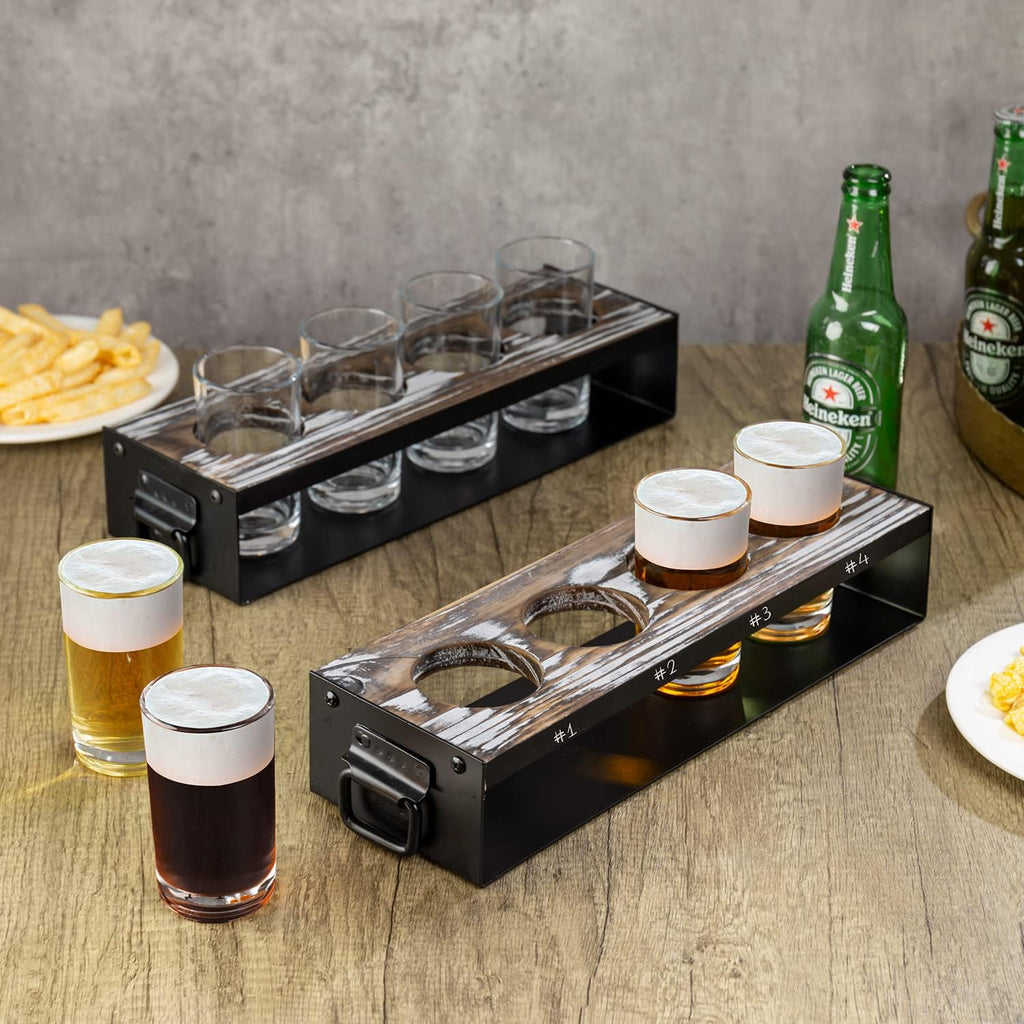 Beer Flight Board with Glasses Serving Caddy in Matte Black Metal and Torched Wood with 4 Beer Tasting Glass, Set of 2 F6570