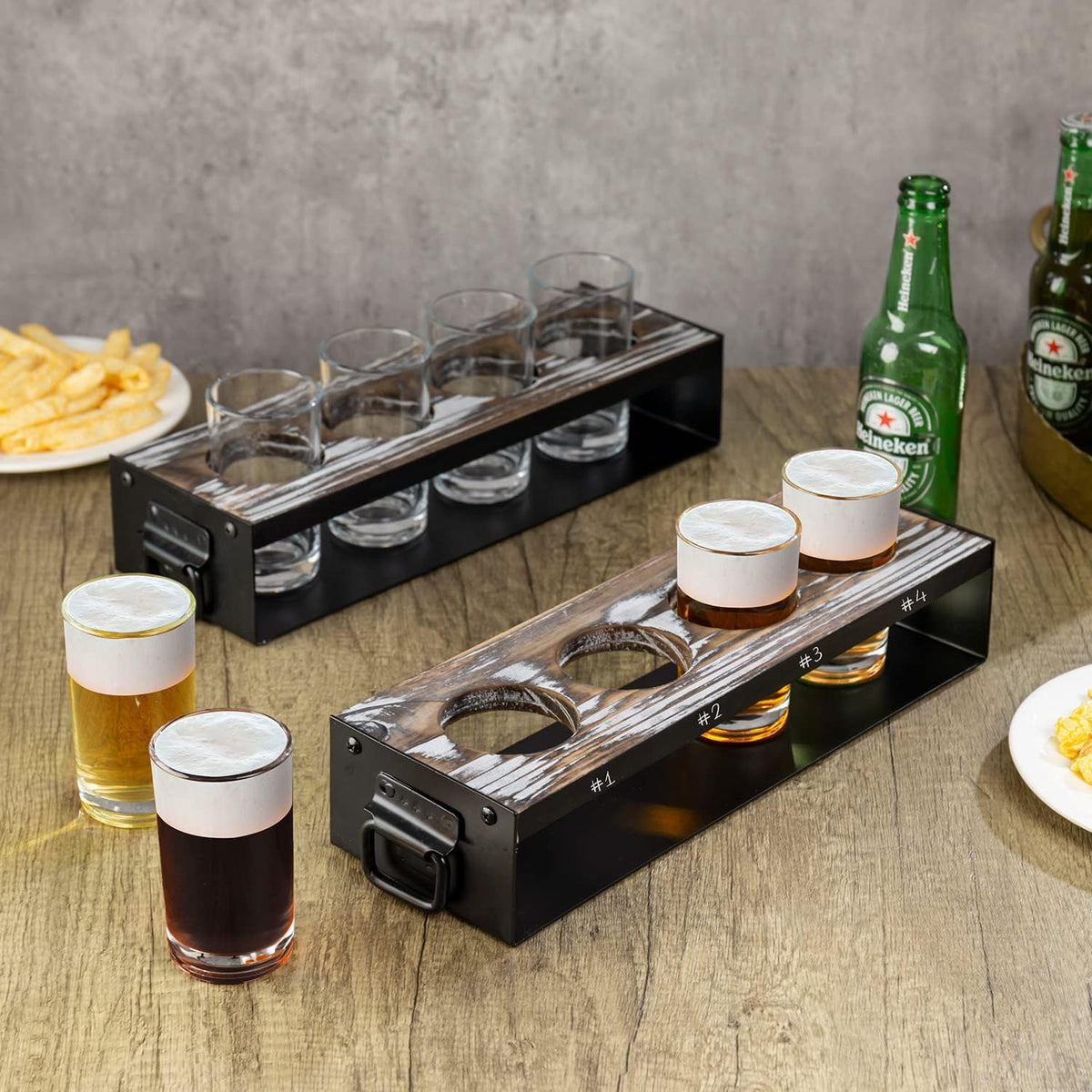 Beer Flight Board with Glasses Serving Caddy in Matte Black Metal and Torched Wood with 4 Beer Tasting Glass, Set of 2 F6570