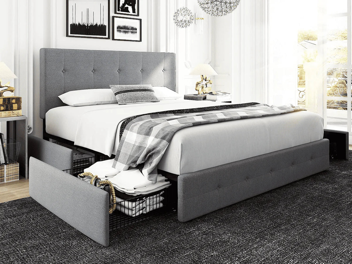 Queen Size Storage Bed Frame with 4 Drawers, Tufted Adjustable Headboard, Dark Grey T5448