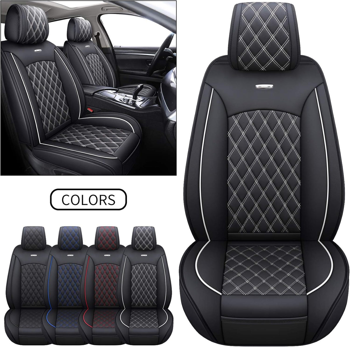 Black-White Waterproof Leather Car Front Seat Covers (2 PCS Front) D443170