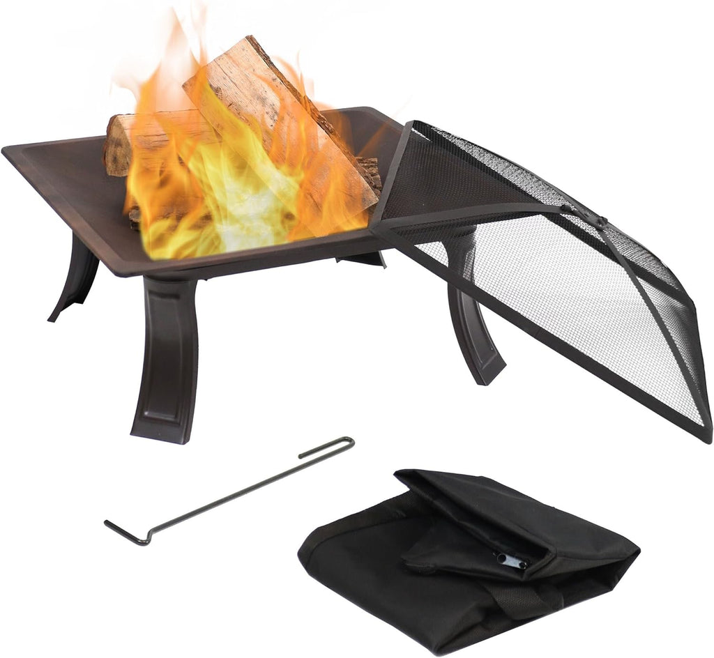26-Inch Square Wood Burning Fire Pit with Spark Screen, Poker and Carrying Case X440541