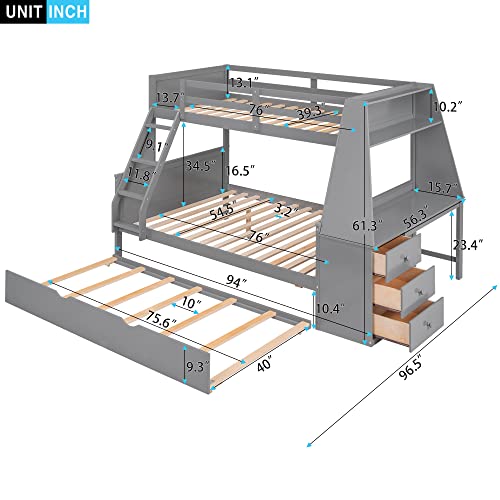 Twin Over Full Bunk Bed with Trundle and Built-in Desk, Solid Wood Bunk Bed Frame with Three Storage Drawers and Shelf, Gray C183347