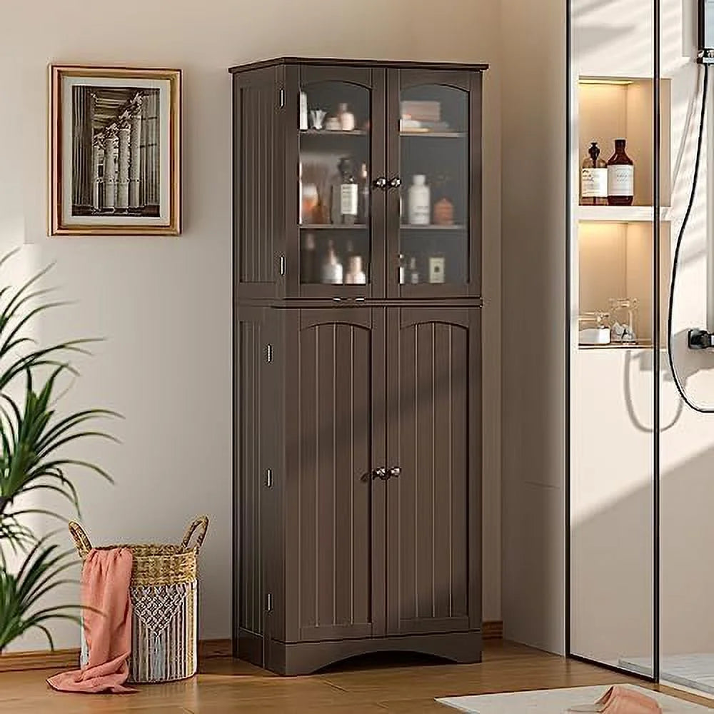 64" Kitchen Pantry Cabinet with Glass Doors and Adjustable Shelves W7576