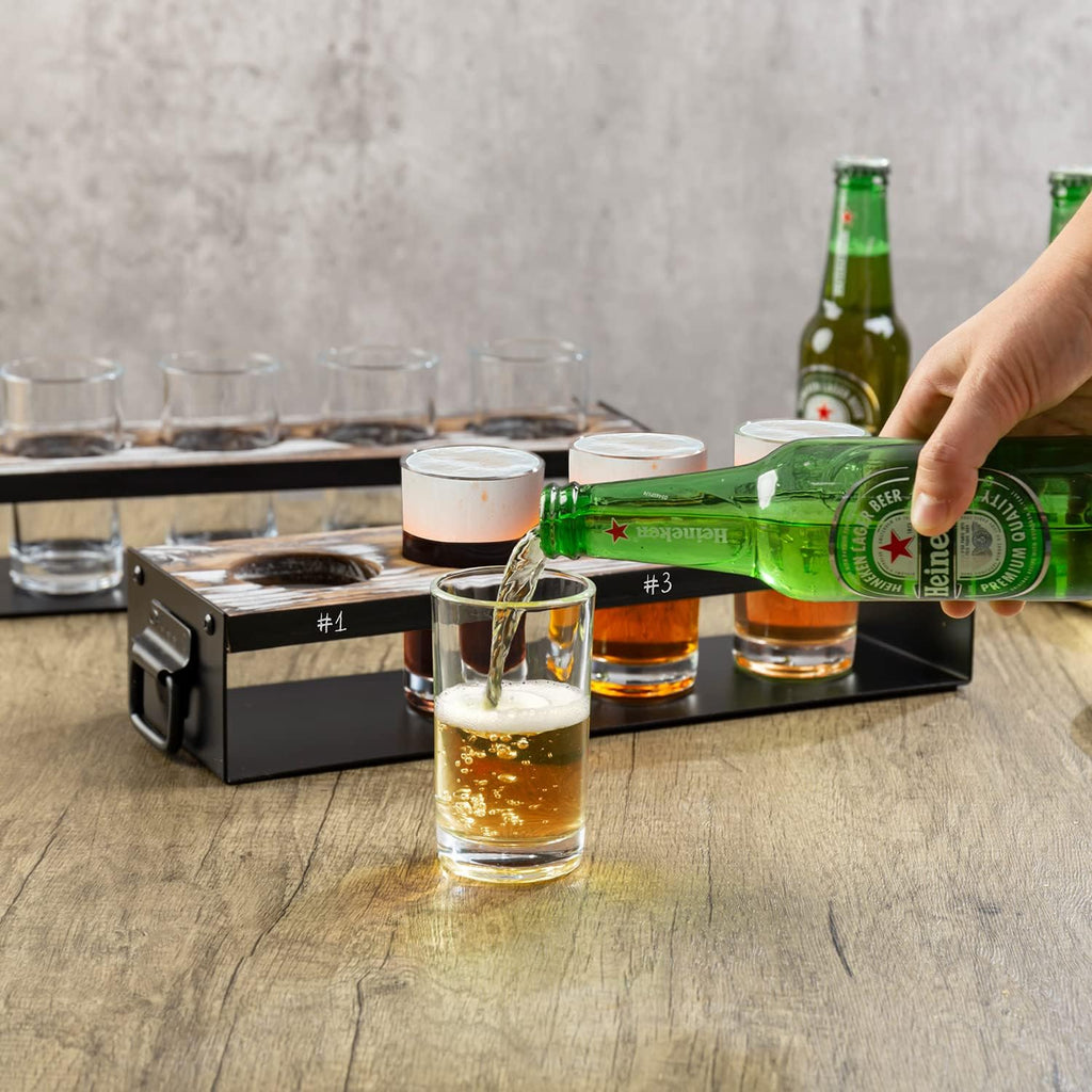 Beer Flight Board with Glasses Serving Caddy in Matte Black Metal and Torched Wood with 4 Beer Tasting Glass, Set of 2 F6570