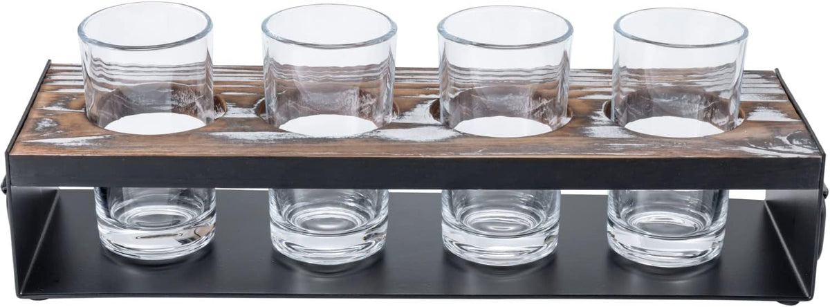 Beer Flight Board with Glasses Serving Caddy in Matte Black Metal and Torched Wood with 4 Beer Tasting Glass, Set of 2 F6570