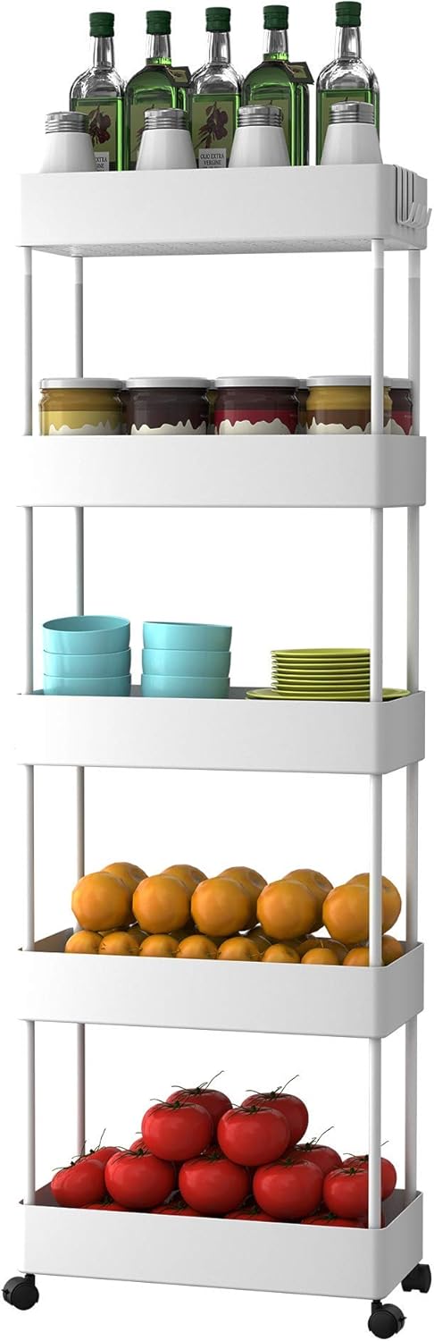 White 5 Tier Slim Rolling Utility Cart L365507