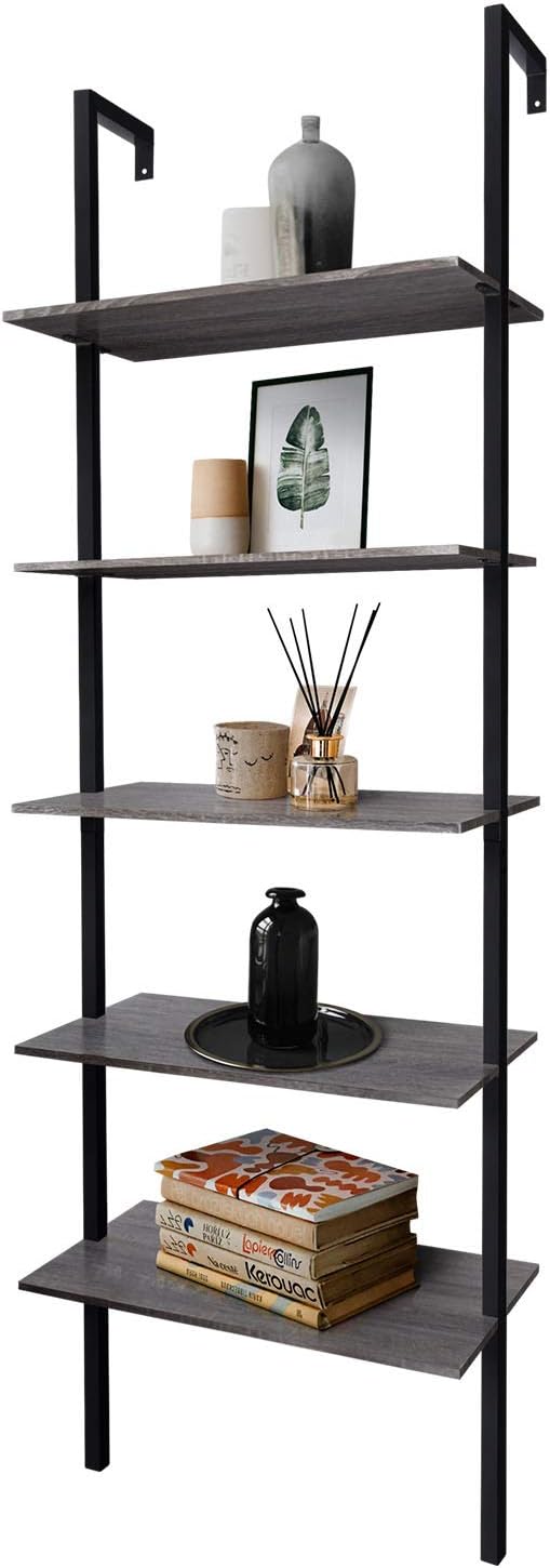 5-Shelf Modern Bookcase Wall Mount 72 Ladder Bookshelf Metal Frame Open Shelves E550
