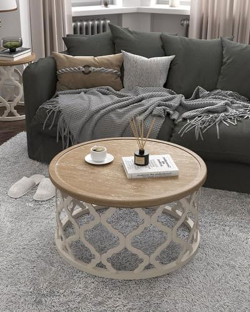 30'' Round Distressed Wood Coffee Table with Shelf W155588
