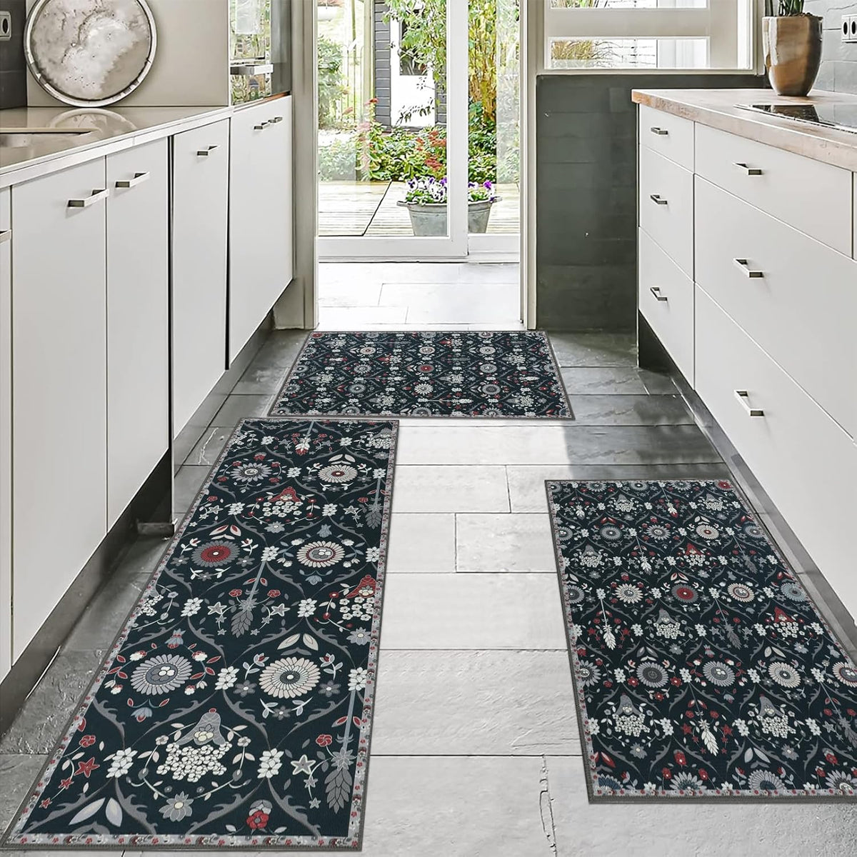 Non Slip Kitchen Rug Sets of 3 Low Pile Floor Carpet Sets C673