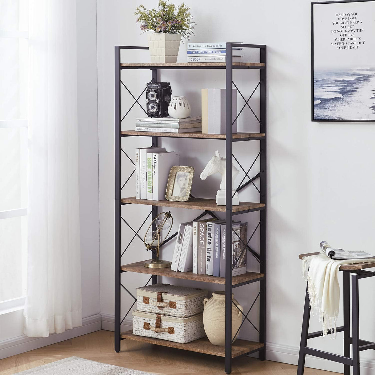 5-Tier Rustic Wood and Metal Bookshelf P17191