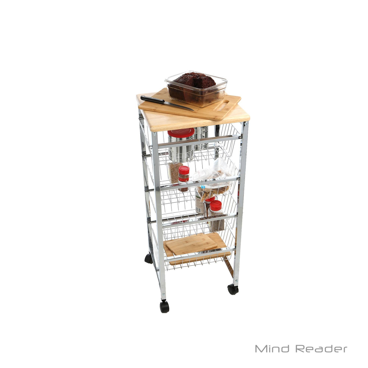 4 Tier Wire Basket Cart with Wood Surface Y218