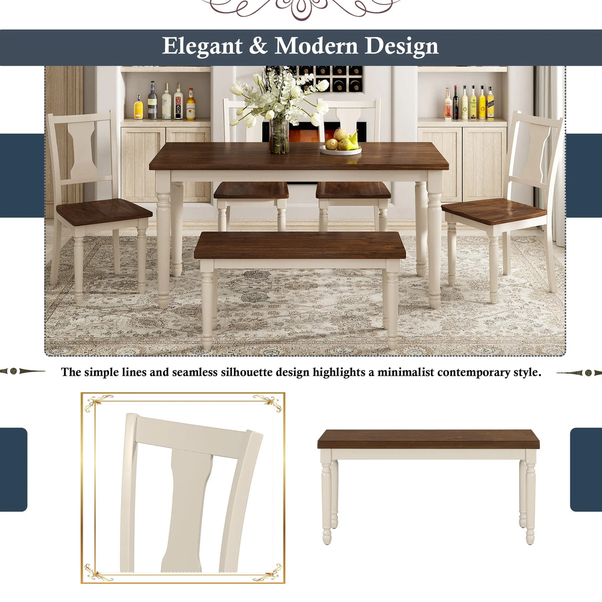 6-Piece Wooden Dining Set with 4 Upholstered Chairs & Bench R466598