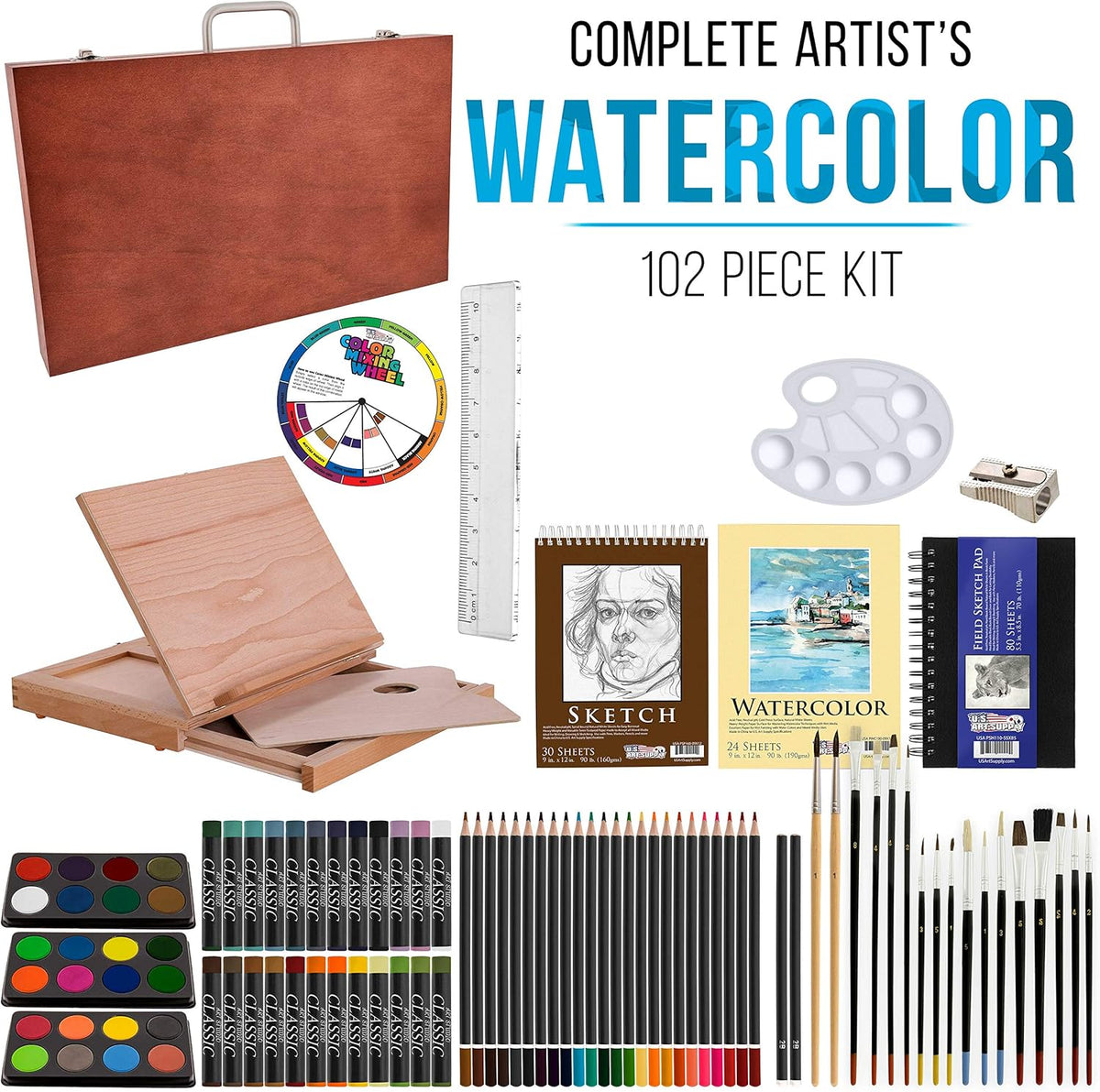 104-Piece Deluxe Art Creativity Set in Wooden Case with Wood Desk Easel D996