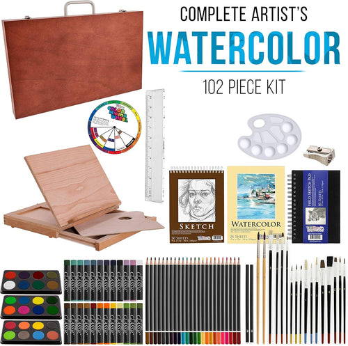 104-Piece Deluxe Art Creativity Set in Wooden Case with Wood Desk Easel D996