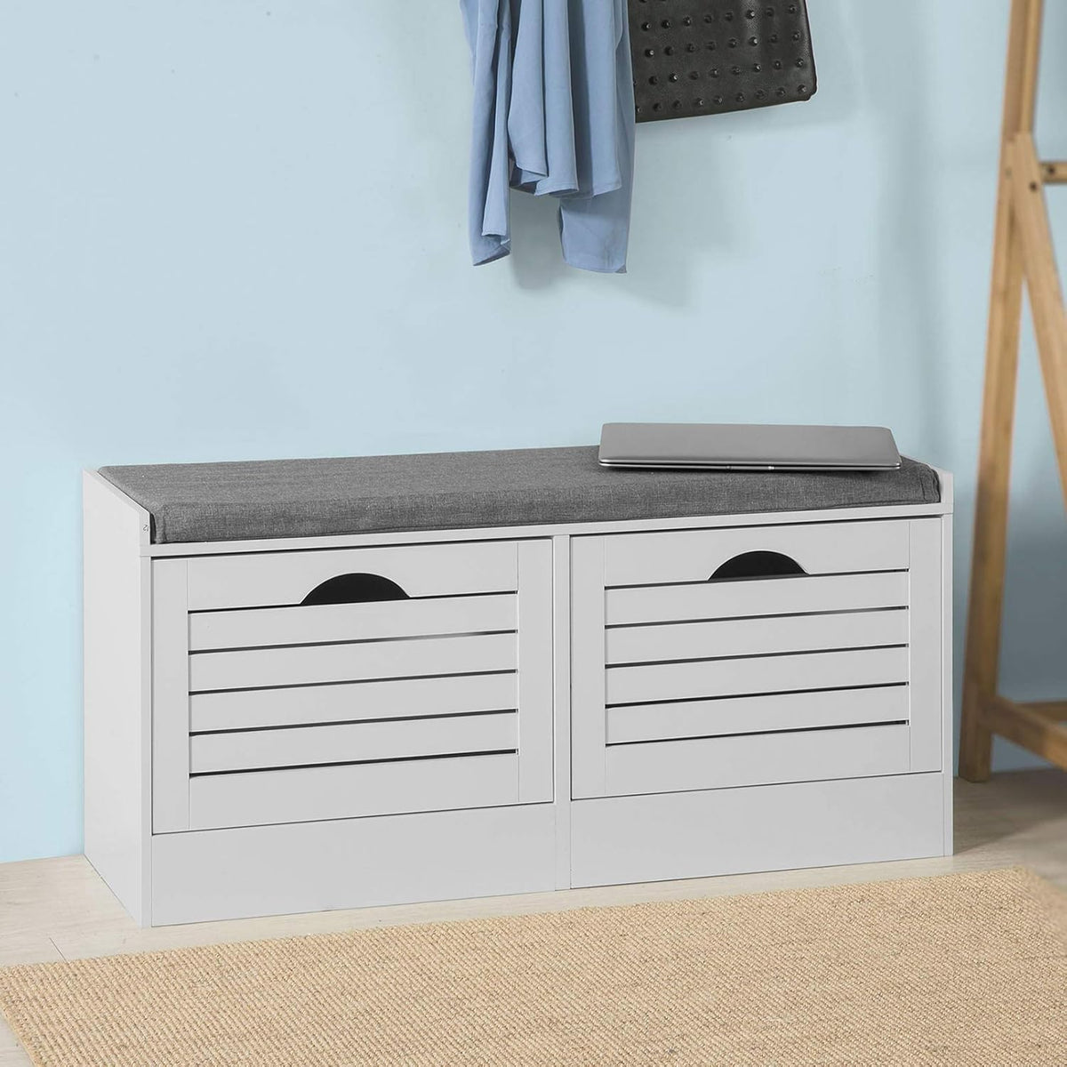 White Storage Bench with 3 Drawers & Padded Seat Cushion K7969