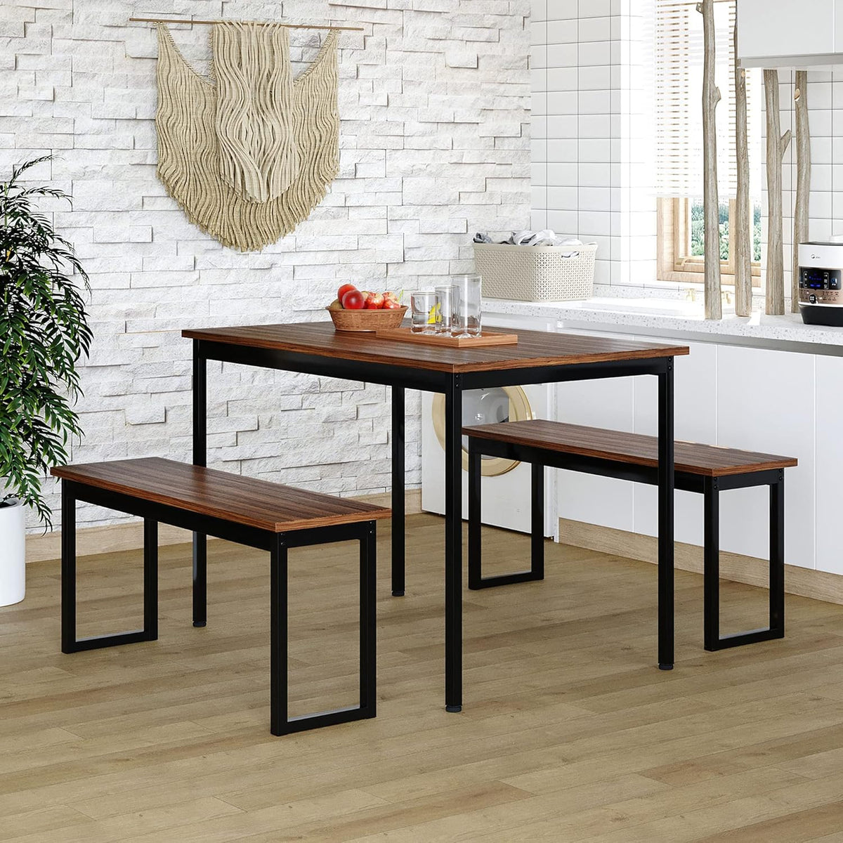 3 Pieces Dining Room Table Set with 2 Benches R55464