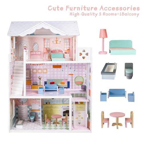 Large Wooden 3 Stories 6 Rooms Dollhouse with Elevator & Balcony Z2058