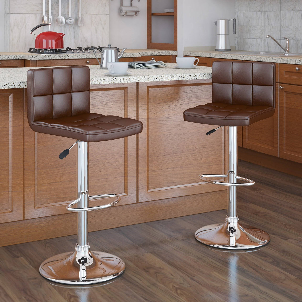 Adjustable Leatherette Bar Stool Set of 2 Red X424504