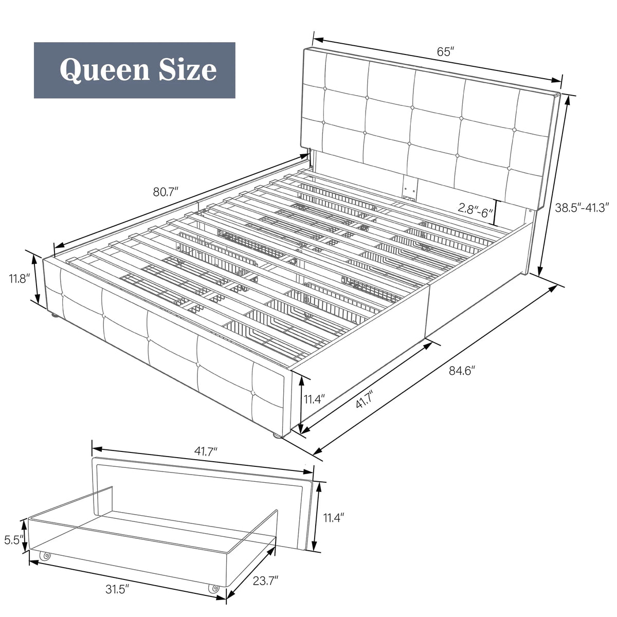 Queen Size Storage Bed Frame with 4 Drawers, Tufted Adjustable Headboard, Dark Grey T5448