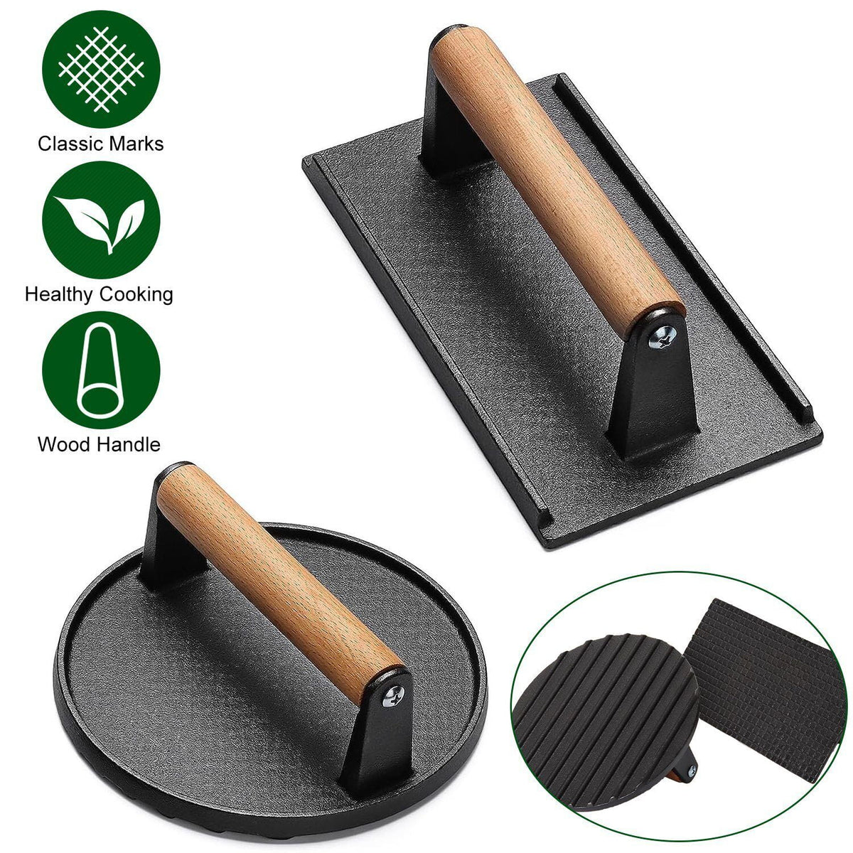 Cast Iron Steak Press with Wood Handle 2Pcs P636260