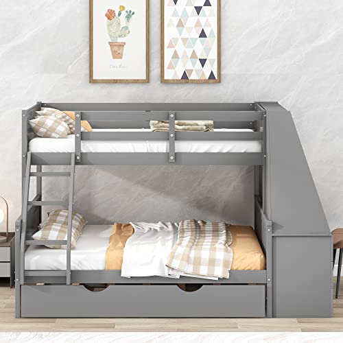 Twin Over Full Bunk Bed with Trundle and Built-in Desk, Solid Wood Bunk Bed Frame with Three Storage Drawers and Shelf, Gray C183347