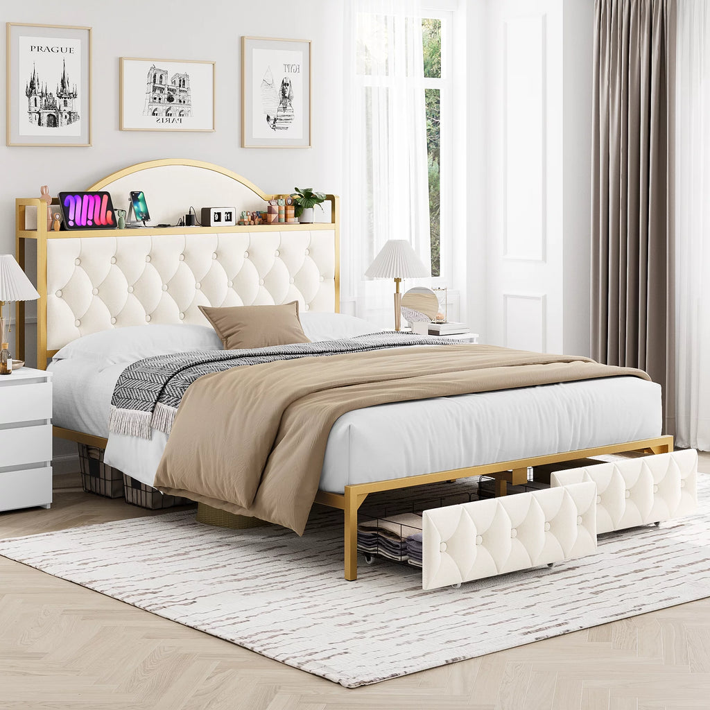 White Queen Size Storage Bed with 2 Drawers U8212