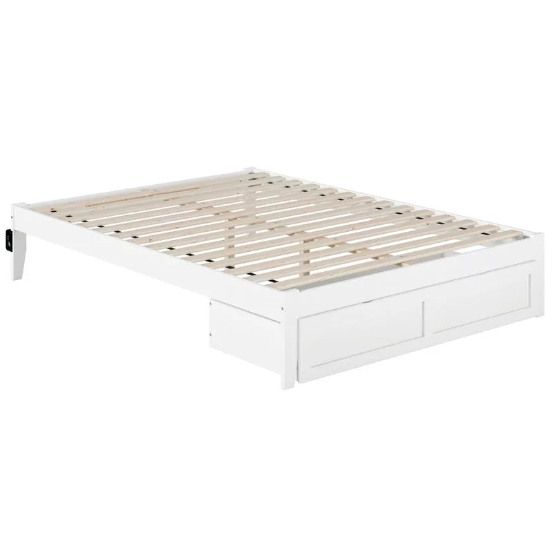 White Solid Wood Queen Bed with Foot Drawer M59575