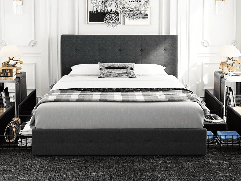 Queen Size Storage Bed Frame with 4 Drawers, Tufted Adjustable Headboard, Dark Grey T5448