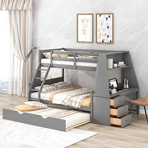 Twin Over Full Bunk Bed with Trundle and Built-in Desk, Solid Wood Bunk Bed Frame with Three Storage Drawers and Shelf, Gray C183347