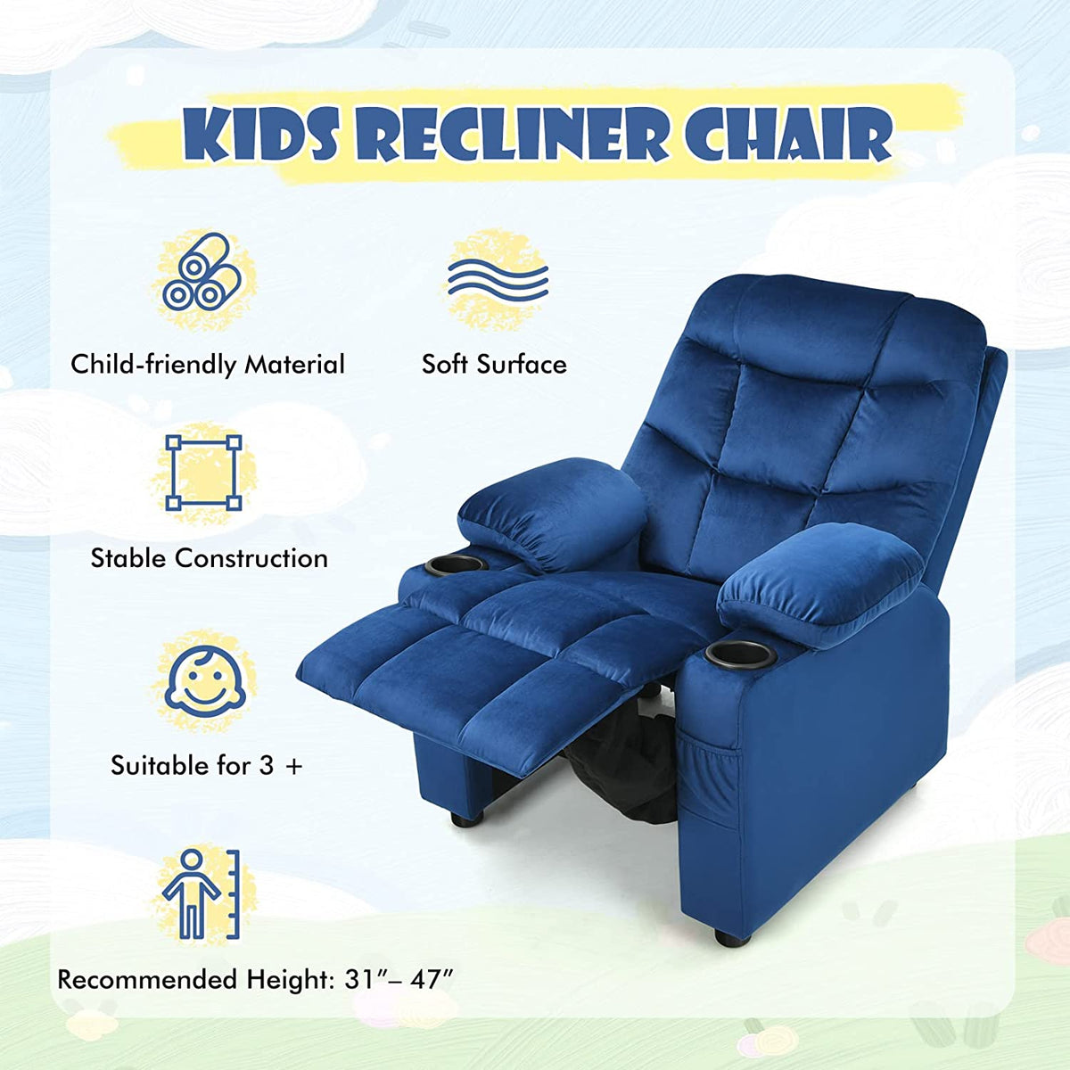 Blue Toddler Recliner Chair with Cup Holder F795193