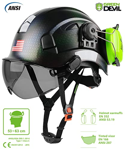 Safety Helmet Hard Hat with Visor and Ear Protection Adjustable Lightweight Vented ABS Work Helmet 6-Point Suspension D411