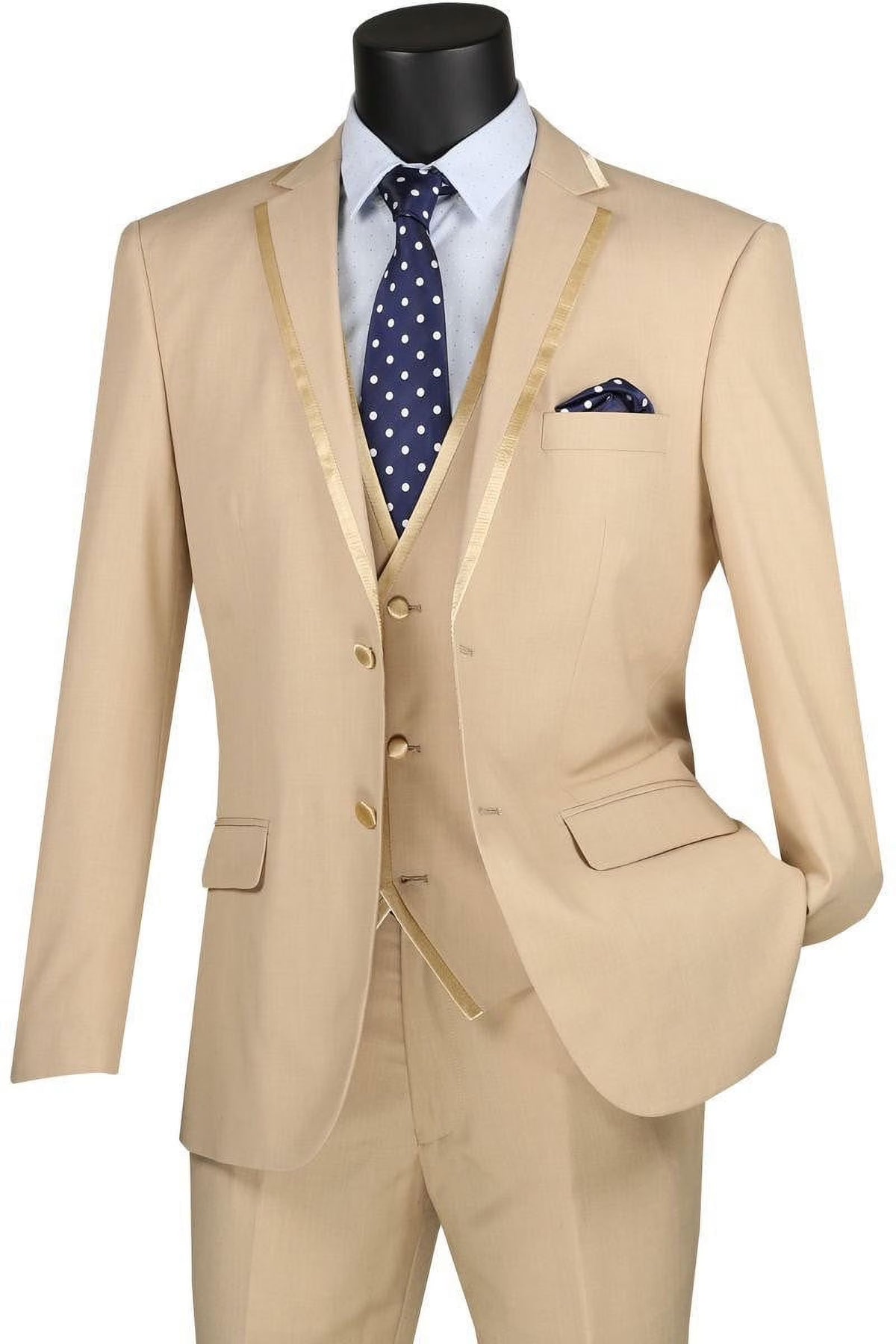 Tan Tuxedo Slim Fit Prom Suit with Vest Trimmed Lapels O7847