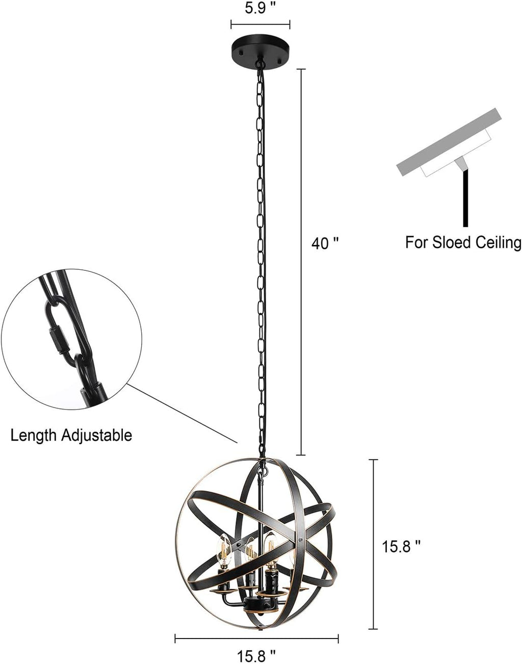 Black 6-Light Farmhouse Chandelier with Spherical Shade Q22738