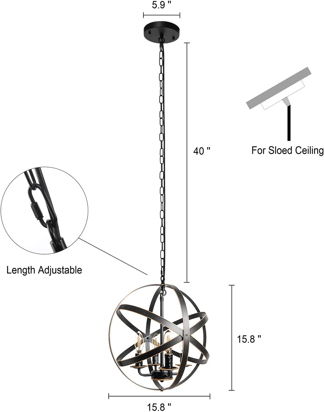Black 6-Light Farmhouse Chandelier with Spherical Shade Q22738