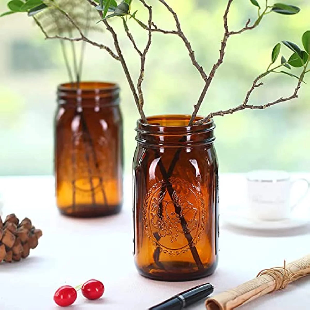 4 Pack 32Oz Amber Wide Mouth Glass Mason Jars with Airtight Lids and Bands Z78389