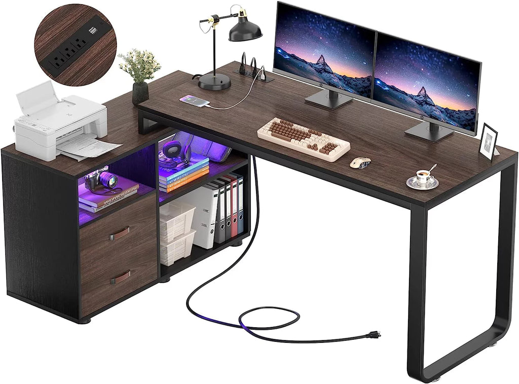 55 Inch L Shaped Computer Desk with File Cabinet and Drawers B404136