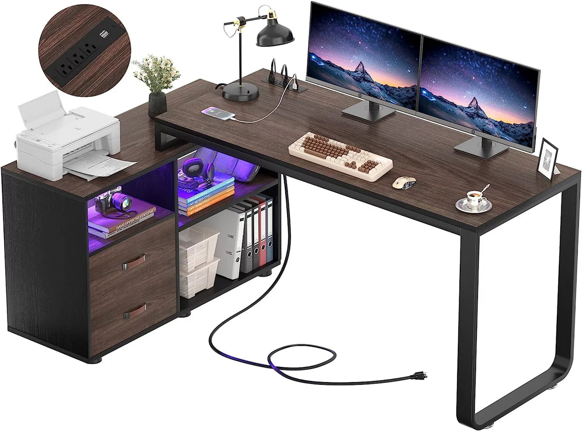 55 Inch L Shaped Computer Desk with File Cabinet and Drawers B404136