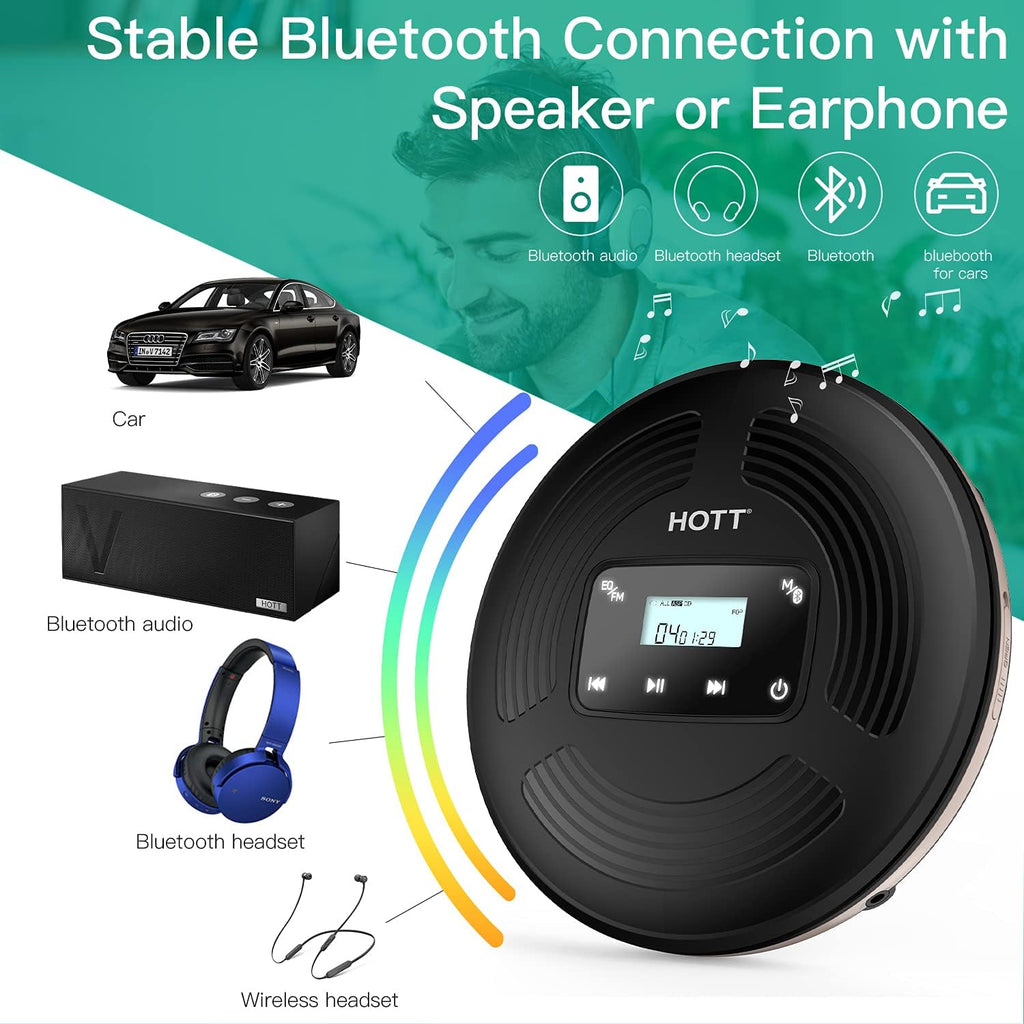 Rechargeable Portable CD Player with Bluetooth FM Transmitter Black Y704514