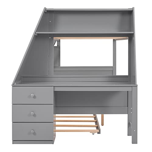 Twin Over Full Bunk Bed with Trundle and Built-in Desk, Solid Wood Bunk Bed Frame with Three Storage Drawers and Shelf, Gray C183347