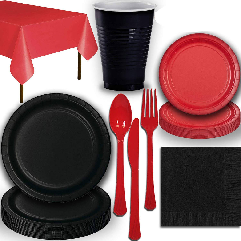 Black and Red Disposable Party Supplies, Serves 40, Paper Plates, 12 oz Plastic Cups J6512