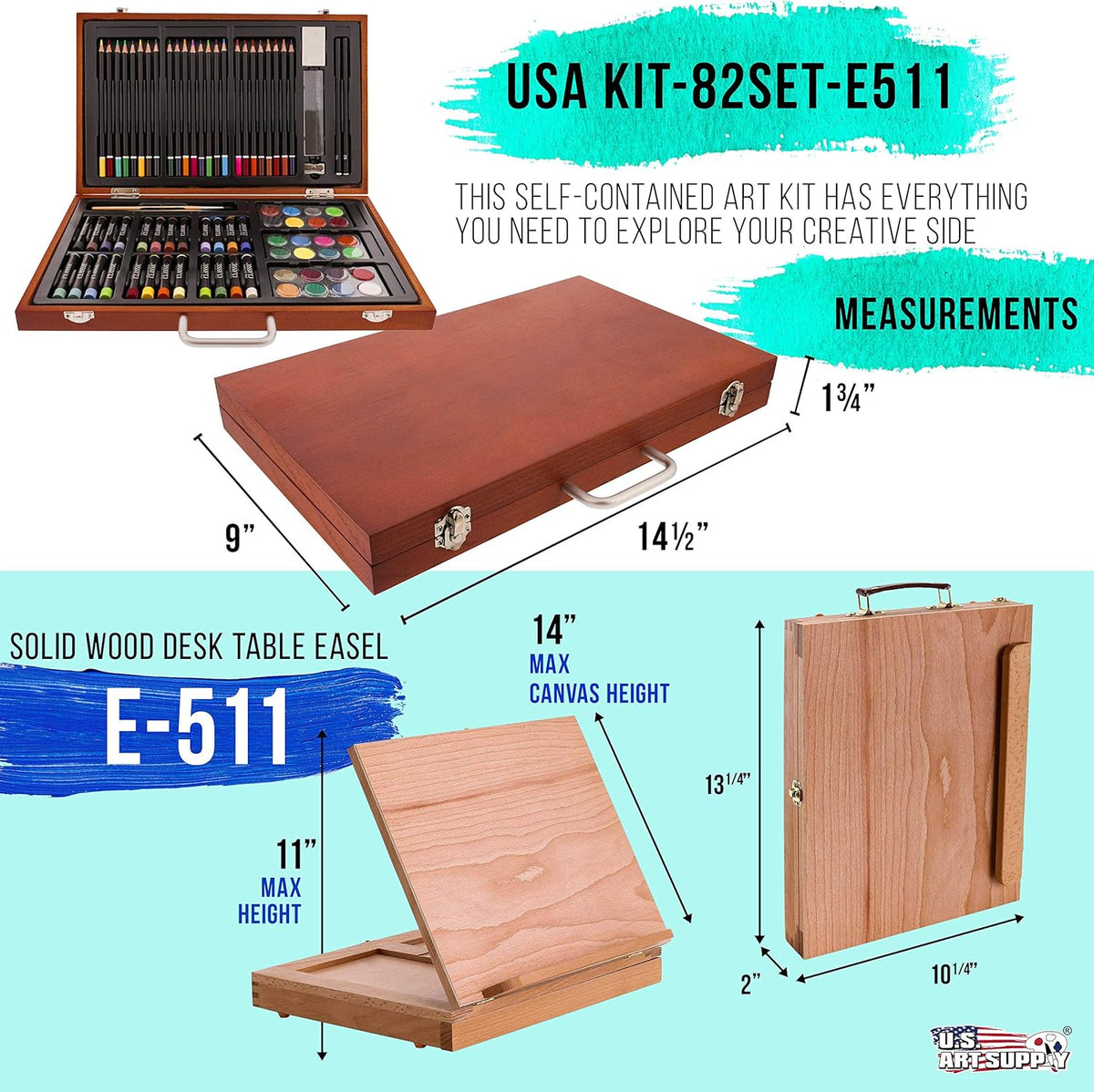 104-Piece Deluxe Art Creativity Set in Wooden Case with Wood Desk Easel D996