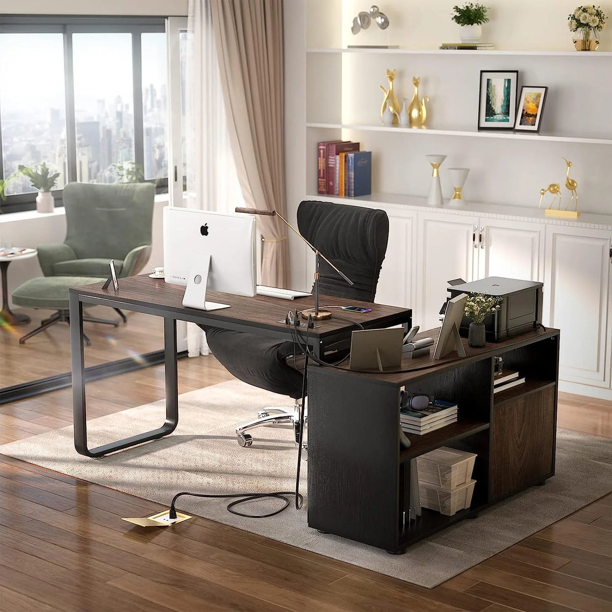 55 Inch L Shaped Computer Desk with File Cabinet and Drawers B404136