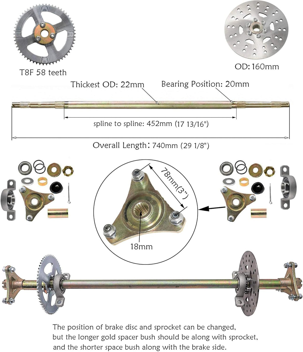 Rear Axle Assembly Complete Wheel Hub Kit with 6" Wheel Tires Rim Brake Assembly Chain for Go Kart Quad Trike Drift Bikes C626999