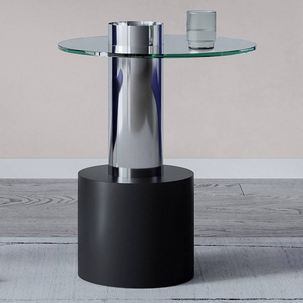 Clear Glass End Table with Stainless Steel and Black Base W9926